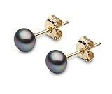  Kimura Pendientes de mujer de oro amarillo (9k) con perla de agua dulce, Negro, 5.0-5.5 mm