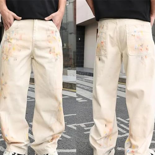 Men’S Y2K Painted Oversized Loose Fit Straight Denim Pants Zipper Fly Midweight Full Length Pockets Jeans2