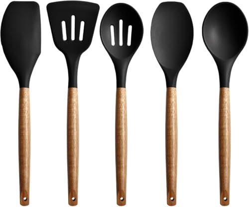 Image of Silicone Spatula Set, Spatula Set with Wooden Handle for Cooking and Mixing, for Non Stick Pan, Kitchen Tools Set of (5, Black)