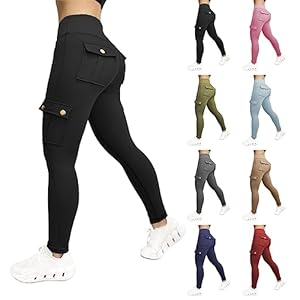 HOOUDO Cargo Leggings for Women with 4 Pockets High Waisted Stretchy Yoga Pants Solid Slim-Fit Ladies Activewear Butt Lift Tummy Control Running Tight Trousers 2023 New