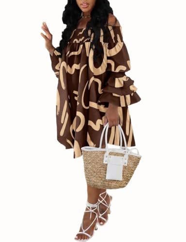 Image of WOKANSE Party Dresses for Women Off Shoulder Layered Flare Sleeve A line Ruched Plus Size Midi Summer Dress