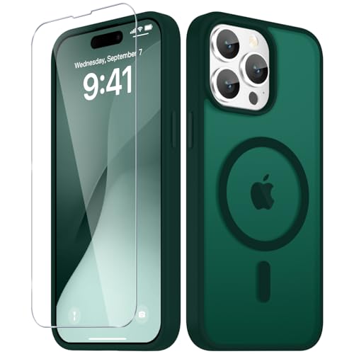 Image of YENAPOON for iPhone 14 Pro Max Case, Matte Magnetic Phone Cover [with 1 Screen Protector] [Support for MagSafe] [Shockproof Military Grade Protection] Translucent Frosted Back, Dark Green