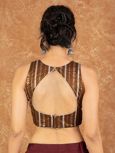 Image of FIGURE'S DESIGNER Women's Sequin Embroidered SabyaSachi Cut V Neck Sleeveless Readymade Saree Blouse E24