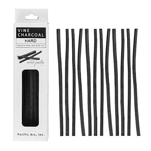 Pacific Arc Artist Vine Charcoal Hard Black 12 Pieces Artist Vine Charcoal Sticks Hard and Smooth Drawing Charcoal