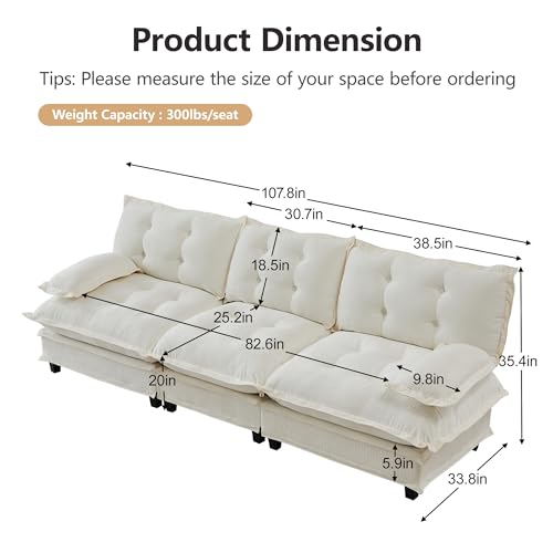Image of 108 inch Sectional Sleeper Sofa, Modular Deep Seat Couches for Living Room Apartment, Flexible Module Combination Cloud Sofa with Spring Support, Easy Assembly, White