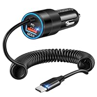 1-Pack Zigarettenanzünder USB, 38W Auto Ladegerät QC & PD 3.0 Schnellladung, 12V kfz Ladegerät mit 1.2M Spiralkabel USB C Ladekabel, kompatibel für iPhone 16 15 Pro Max, Galaxy, Google Pixel, LG