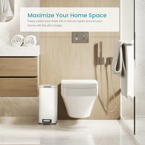 Image of Home Zone Living 4 Gallon Slim Kitchen Trash Can with Soft Close Lid and Step Pedal, Matte White Stainless Steel Wastebasket with Removable Bucket
