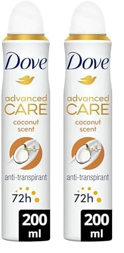 DOVE Advanced Care Deodorant für Damen, Kokosnuss und Jasminblüte, Anti-Transpirant-Spray, tägliche Achselpflege, 72 Stunden Schutz, 200 ml (Packung mit 2)