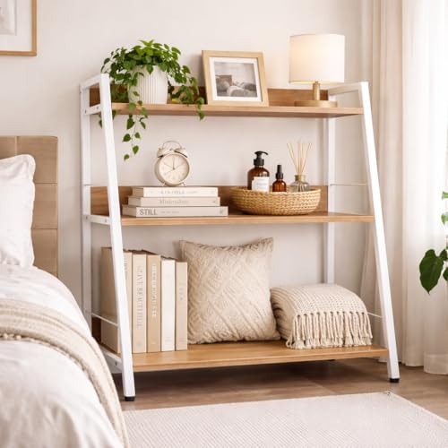Image of Ladder Shelf, 3 Tier Bookshelf, Small Bookshelf for Small Spaces, Wood and Metal Bookcase, Ladder Bookshelf, Modern Storage Shelf for Living Room and Office (White, Ladder)