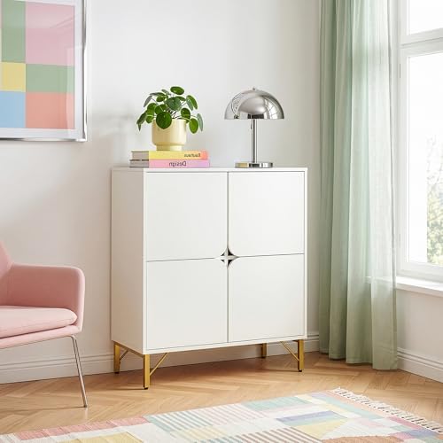 [en.casa] Aparador Reyri para Comedor 4 Puertas Batientes Decorativo Mueble de Salón con 4 Compartimentos Cerrados Mueble Auxiliar Resistente 90 x 80 x 35 cm - Blanco y Dorado