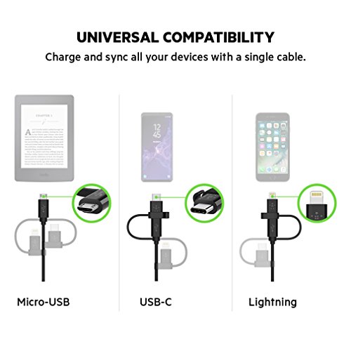 Belkin 3-In-1 Universal Usb Cable - Usb-C Cable, Lightning Cable, Micro-Usb Charging Cable - Apple Charging Cord - Belkin Boost Charge - Belkin Charger Designed For Iphones, Ipads, Galaxy & More #TOP2