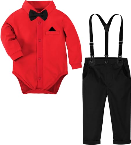 Image of A&J DESIGN Baby Boys Suits Infant Gentleman Formal Wedding Suspenders Outfit with Bowtie