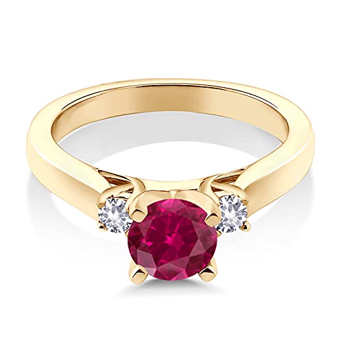 Gem Stone King 18K Yellow Gold Plated Silver Red Created Ruby and White Created Sapphire 3-Stone Engagement Ring For Women (1.10 Cttw, Round 6MM, Gemstone July Birthstone, Available in Size 5,6,7,8,9)3
