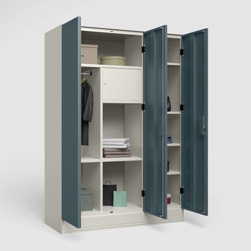 Image of Interio by Godrej Almirah Slimline 3-Door Steel Almirah, Cupboard for Clothes (Alpine White and Stormy Weather Matte), 1-Year Warranty, 7 Shelves, 1 Locker
