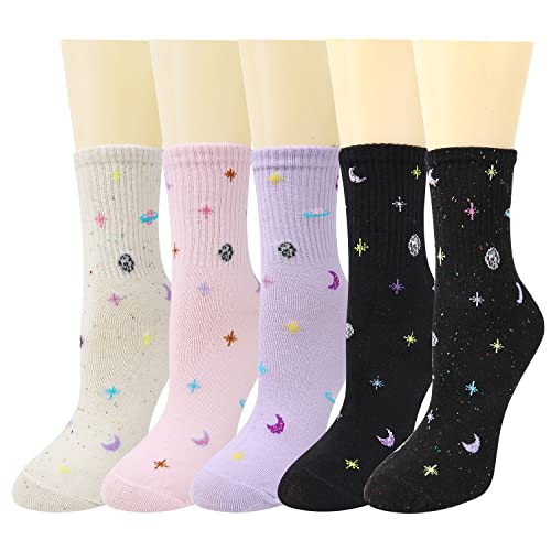 Benefeet Sox Womens Funny Space Socks Girls Cute Galaxy Patterned Crew Socks Silly Cool Funky Casual Cotton Dress Sock Athletic Mid-calf Space Themed Sock 5 Pair