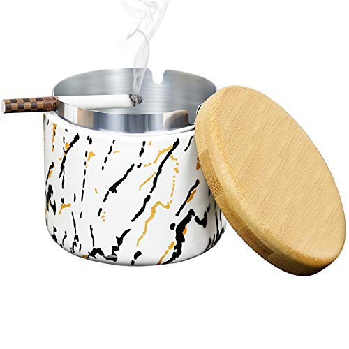 SEA or STAR Cenicero de cerámica con tapa Ceniceros a prueba de viento estampados a mano Ceniceros para cigarrillos domésticos o al aire libre - Blanco Cover