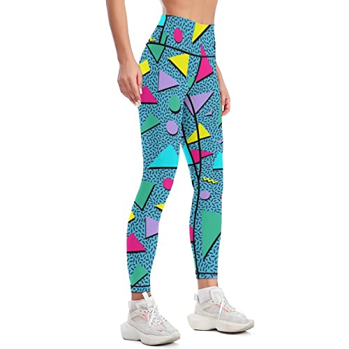 High Waisted Retro 80S 90S Memphis Yoga Pants Rose Red Yellow Leopard Geometric Leggings Tummy Control Full Length Workout Sports Running Capri Pants, M #TOP1