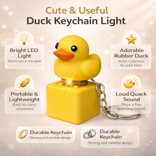 Image of Yellow Rubber Duck Keychain with LED Light & Sound - Cute Duck Key Ring Toy for Kids & Adults, ABS Plastic Body, 6 cm, Novelty Gift Keychain for Car Keys & Bags