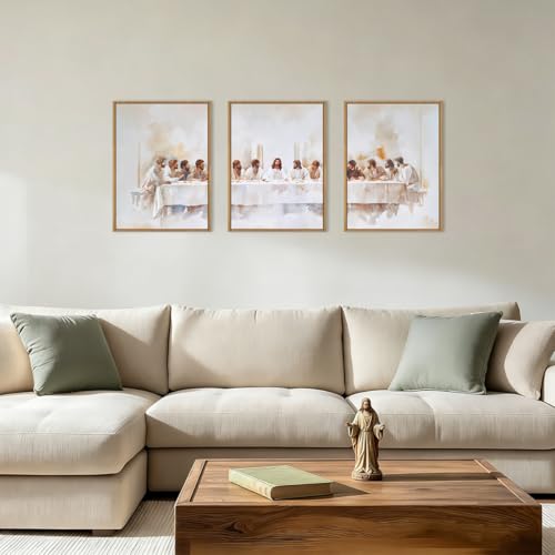 Image of KAIRNE Jesus Last Supper Framed Canvas Wall Art Set, Christian Twelve Apostle Wall Decor, Bible Renaissance wall Painting, Religious Picture Art Print for Living Room, Bedroom, Church-12 x16 x3
