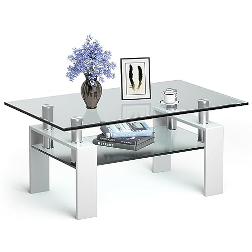COSTWAY Tempered Glass Coffee Table 2-Tiers Rectangle Side End Table with Lower Storage Shelf and Metal Legs Home Office Living Room Modern Tea Table (White)