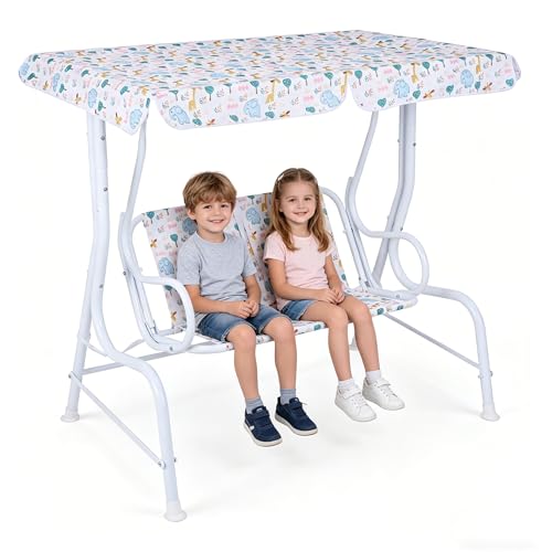 HONEY JOY Kids Patio Swing 2-Seater Outdoor Porch Swing Lounge Chair Adjustable Canopy & Safety Belt All Weather Resistant Waterproof Hanging Swing Bench for Garden Poolside Balcony(White Elephant)