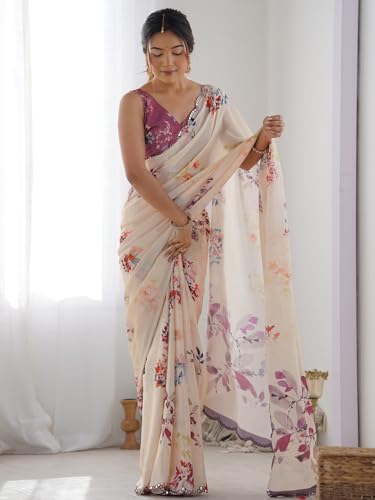 Image of Panzora Women's Chinon Printed Saree With Unstitched Blouse Piece