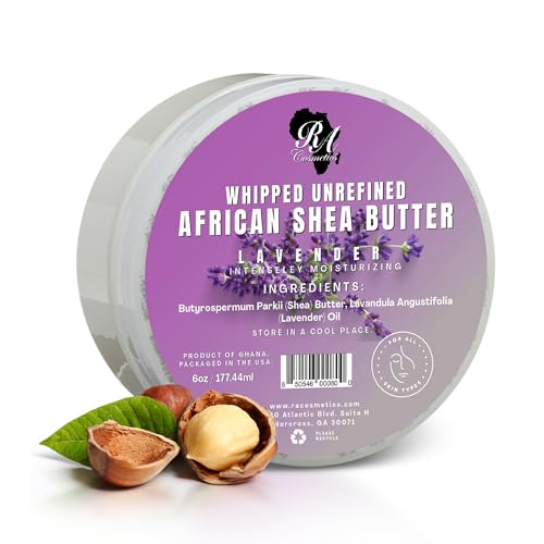 RA COSMETICS Whipped Shea Butter Lavender 6oz | 100% Pure and Natural African Shea Butter for Men & Women - Ultimate Handcrafted Moisturizer with Essential Vitamins for Radiant Skin & Luscious Hair