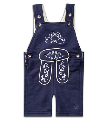 Baby Trachten Latzhose – Kinder Lederhose aus Terry-Fleece mit Stickereien – Strampler - Overall Trachtenhose Joni (DE/NL/SE/PL, Numerisch, 62, 68, Dunkelblau)