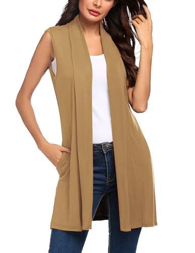 Image of Beyove Womens Long Vests Sleeveless Draped Lightweight Open Front Cardigan Layering Vest with Side Pockets