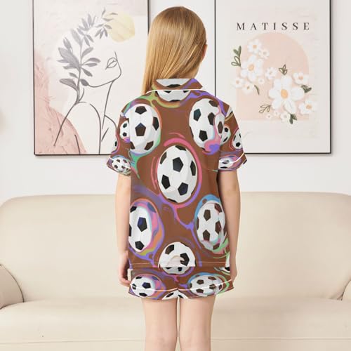 Satin Pajama Sets Short Sleeve Soccer Balls on Colorful Background Button Down Silky Nightwear 2 Piece PJS 5-14Y4