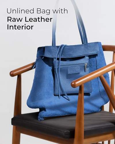 Image of Genuine Italian Leather Tote Bag for Women, Large Slouchy Purse, Blue | Unstructured bag, raw unlined interior with zip pocket, top zipper, side ties, folds flat, fits a 16-inch laptop, lightweight