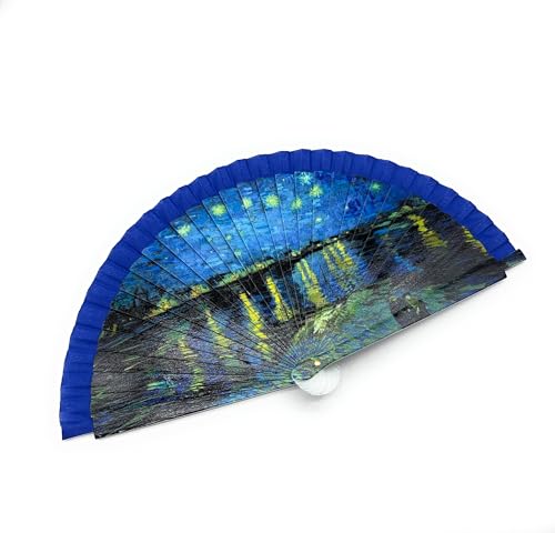 Genérico Abanico de Mano Estilo Artístico – Diseño Azul Inspirado en Arte Impresionista, Portátil y Resistente 20x4cm (Azul-Amarillo)