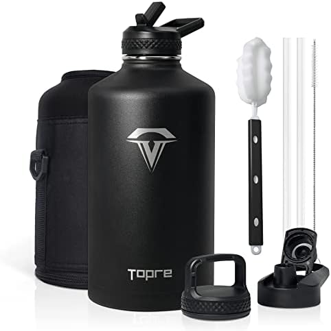 Gallon Water Bottle Insulated, Topre 128 oz Stainless Steel Water Bottles with Straw, Double Walled Vacuum Large Water Bottle with 3 Lids & Brush, Leak Proof Metal Water Bottle for Sport Gym Camping