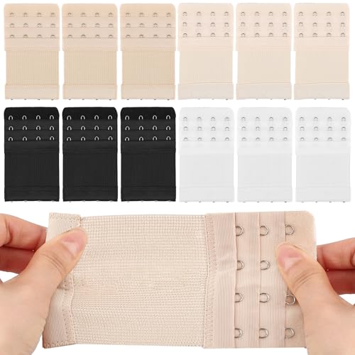12 PCS Bra Extenders 4 Hooks, Bra Strap Extender, 4 Hook Bra Extenders for Women Elastic Extension Strap Plus Size Soft and Comfortable (Black, Nude, White, Beige)