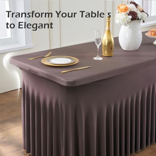 Image of NSSONBEN 2 pk Brown Spandex Tablecloth for 6 Foot Rectangle Tables,Wrinkle Free Fitted Spandex Table Covers 6ft Coffe Stretch Table Cloths with Ruffle Skirt for Parties Weddings Banquet Baby Shower