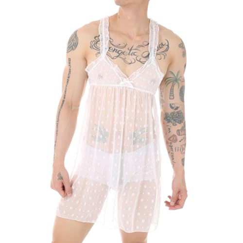 ABAFIP Men's Sissy Nightwear Mesh Sheer Nightgown V-Neck See Through Crossdress Lingerie Sleepwear