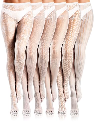 Image of Ramede 6 Pairs Women Fishnet Thigh High Stockings Waist Tights Striped Patterned Fish net Leggings Pantyhose for Halloween