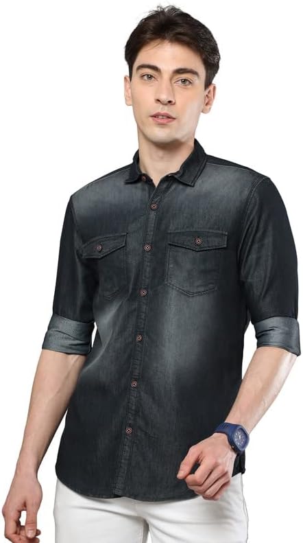 STREETKINGStreet King Men Denim Double Pocket Casual Regular Fit Full Sleeves Shirt
