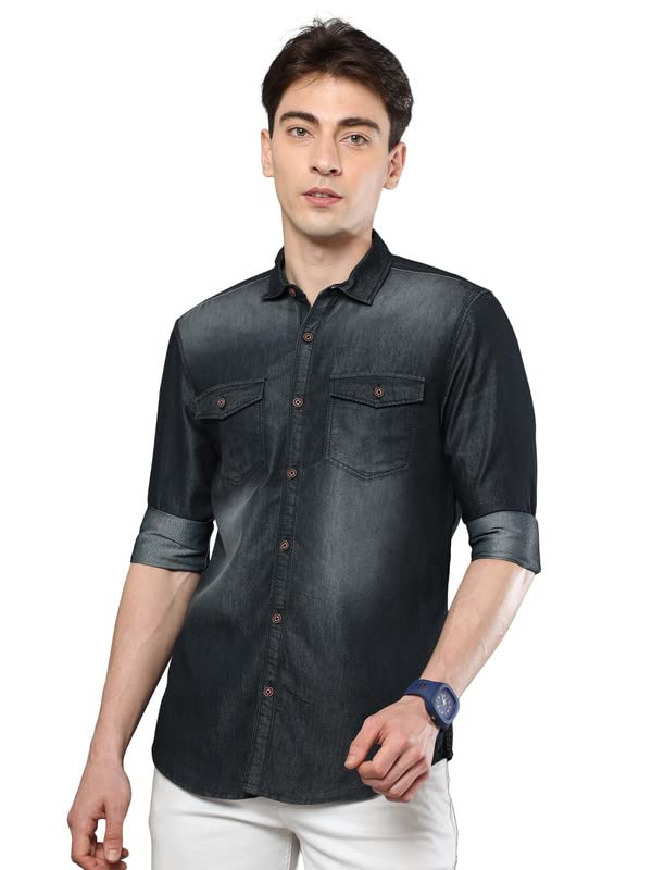 STREETKINGStreet King Men Denim Double Pocket Casual Regular Fit Full Sleeves Shirt