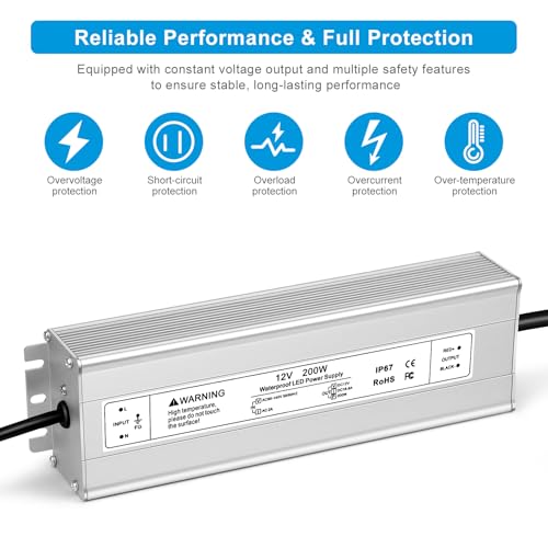 Image of 200W 12V LED Power Supply, IP67 Waterproof LED Driver, AC 110V to DC 12 Volt 16.6A Low Voltage Transformer Converter for Outdoor LED Strip & Landscape Lighting, 3-Prong Plug with 3.3FT Cable