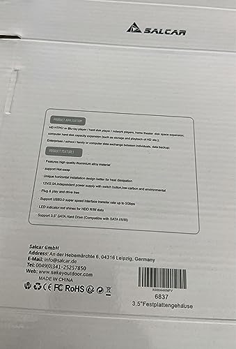 SALCAR Carcasa Discos Duros de 3.5 Pulgadas USB 3.0, Discos Duros SATA de 3.5". No Necesita de Herramientas. Soporta Discos Duros hasta 10 TB