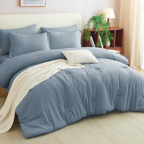 CozyLux Queen Comforter Set Grayish Blue, 7 Pieces Bed in a Bag Queen Comforter Set with Sheets, Bedding Sets with Down Alternative Comforter, Fitted Sheets, Flat Sheets, Pillow Shams and Pillowcases