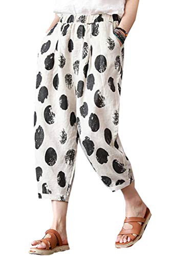 Minibee Women's Casual Loose Elastic Waist Cotton Trouser Cropped Wide Leg Pants L Black