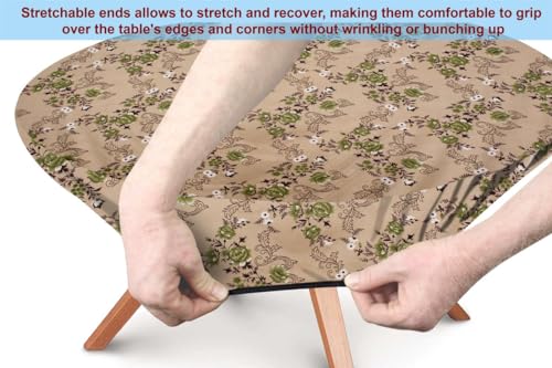 Image of The Furnishing Tree Round Elastic Fitted Dining Table Cover WxL 40x40 Inches Floral Pattern Beige