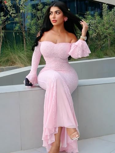 Lace Ruffle Prom Dress Long Bell Sleeve Off The Shoulder Mermaid Bodycon Formal Dress for Women4