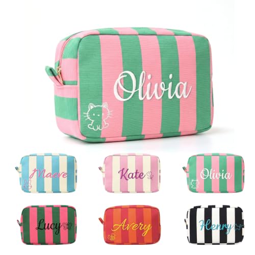 VKPOYNRO Custom Name Cosmetic Bag, Striped Thickened Makeup Organizer Pouch, Personalized Travel Toiletry Bag, Large Capacity Zipper Storage Pouch, Elegant Gift for Women