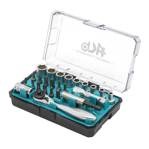 HB 26-Piece Socket and Bit Set AKM033-U, 1/4-Inch Drive 72-Tooth Mini Ratchet, Non-Slip Sockets for Rounded Bolts, Chrome Vanadium S2 Steel, Micro Chrome Finish, Mini Case, Made in Taiwan