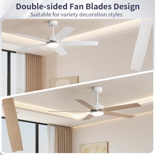 Image of 52 Inch Ceiling Fans with Lights and Remote for Bedroom Living Room Kitchen Home Office Indoor /Outdoor, 18W 3CCT Dimmable, Dual Color 5 Blades 6 Speed Reversible Quiet DC Motor, White /Wood Grain