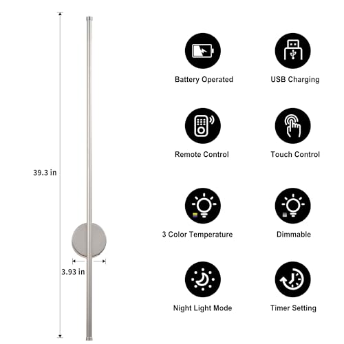 Image of Battery Operated Modern Wall Sconces, Dimmable Wireless Wall Light Set of Two with Remote Control, 3 Color Temperatures, Rechargeable LED Wall Sconce for Bedroom, Living Room,Hallway, 39.3 Inch Nickel