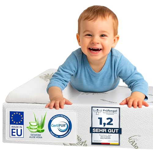 DOLCI SOGNI Kindermatratze 60x120cm mit Kissen und Dicke 14 cm CertiPUR - Matratze 60x120 Baby für Kinderbett oder Neugeborene - Waschbarer Bezug aus Aloe Vera - Reisebett matratze 60x120